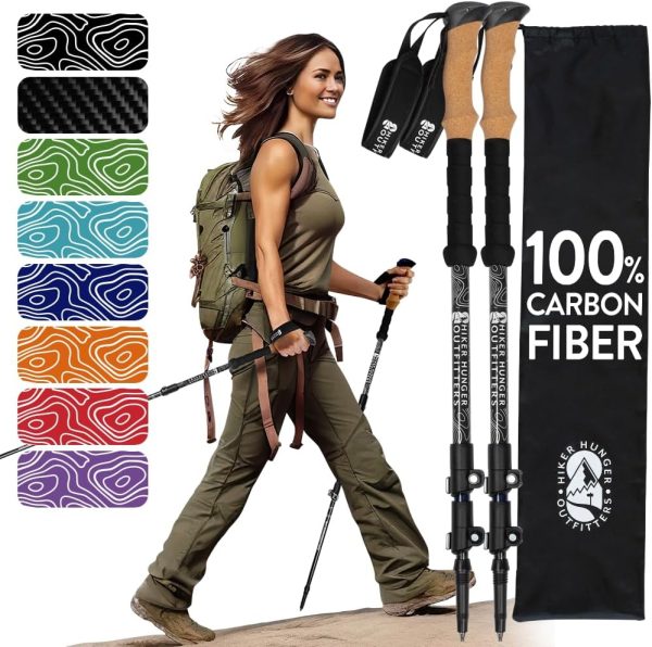 100% Carbon Fiber Trekking Poles by USA Brand - Ultra Strong Lightweight Collapsible Hiking Poles with Cork and EVA Foam Grips & Quick Adjustable Flip Locks