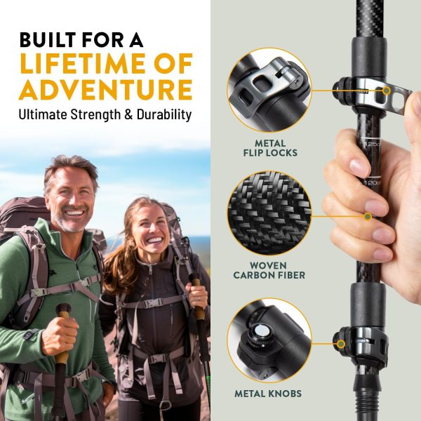 100% Carbon Fiber Trekking Poles by USA Brand - Ultra Strong Lightweight Collapsible Hiking Poles with Cork and EVA Foam Grips & Quick Adjustable Flip Locks - Image 3