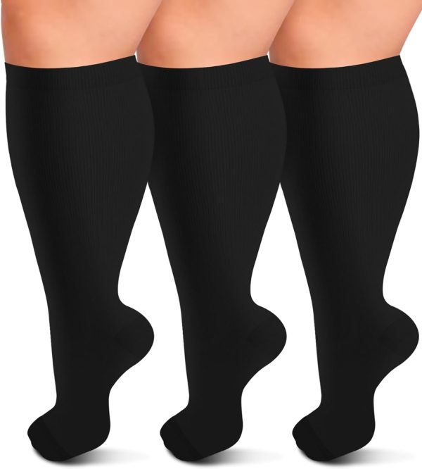 3 Pack Plus Size Compression Socks for Women & Men, Extra Wide Calf Knee High Stockings for Circulation Support