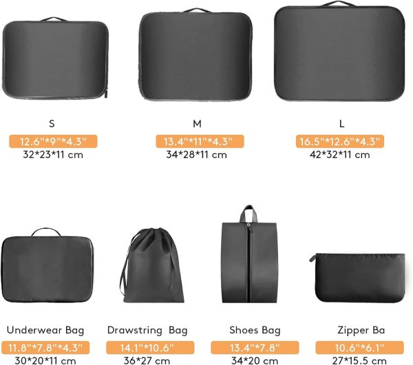 Lhelca 7 Set Packing Cubes Luggage Packing Organizers for Travel Accessories Luggage Carry On Suitcase-Black - Image 2